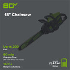 80V 18" Cordless Battery 2.5kW Chainsaw: 4.0Ah Battery & Rapid Charger