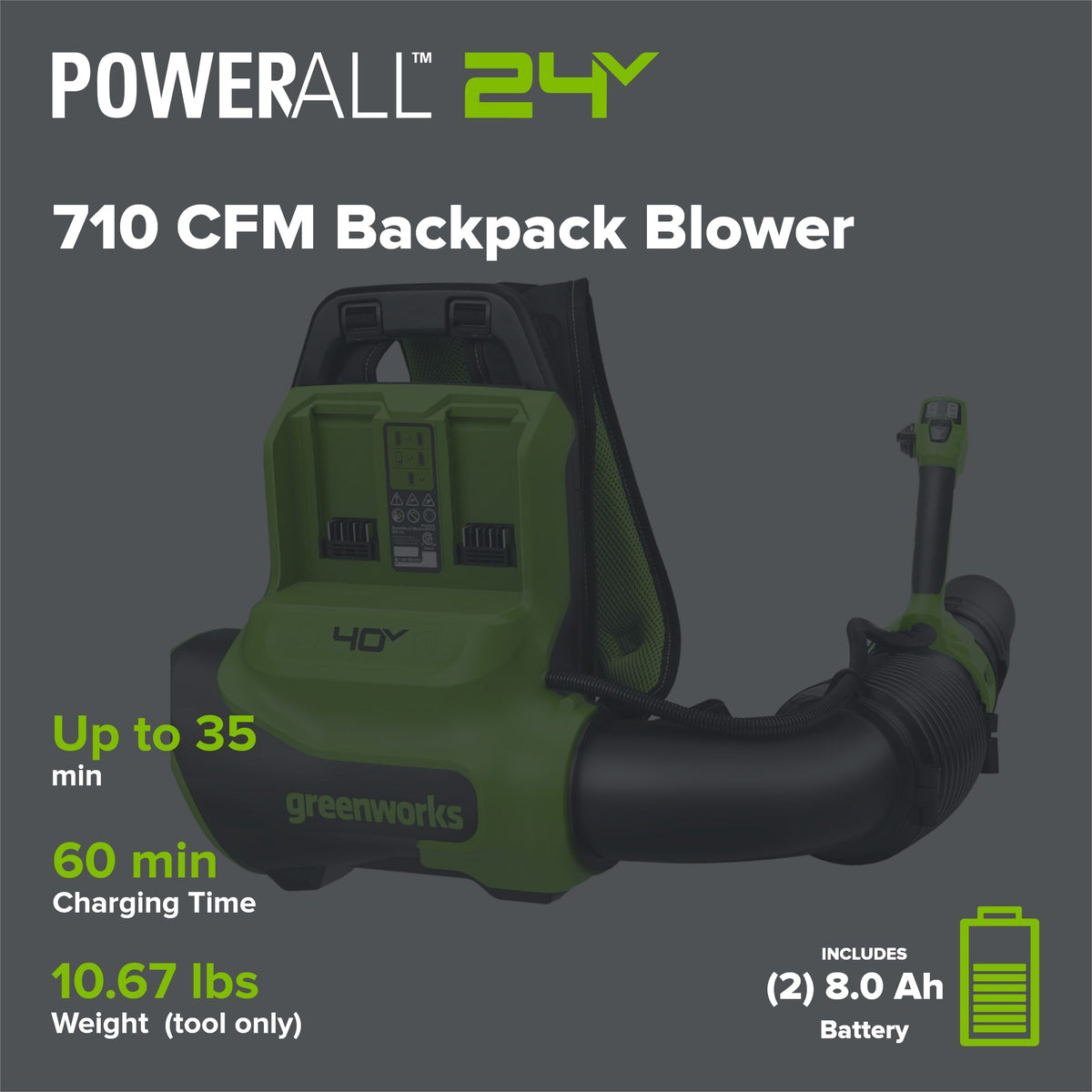 40V 710 CFM Cordless Battery Dual-Port Backpack Blower: (2) 8.0 Ah Battery and Charger
