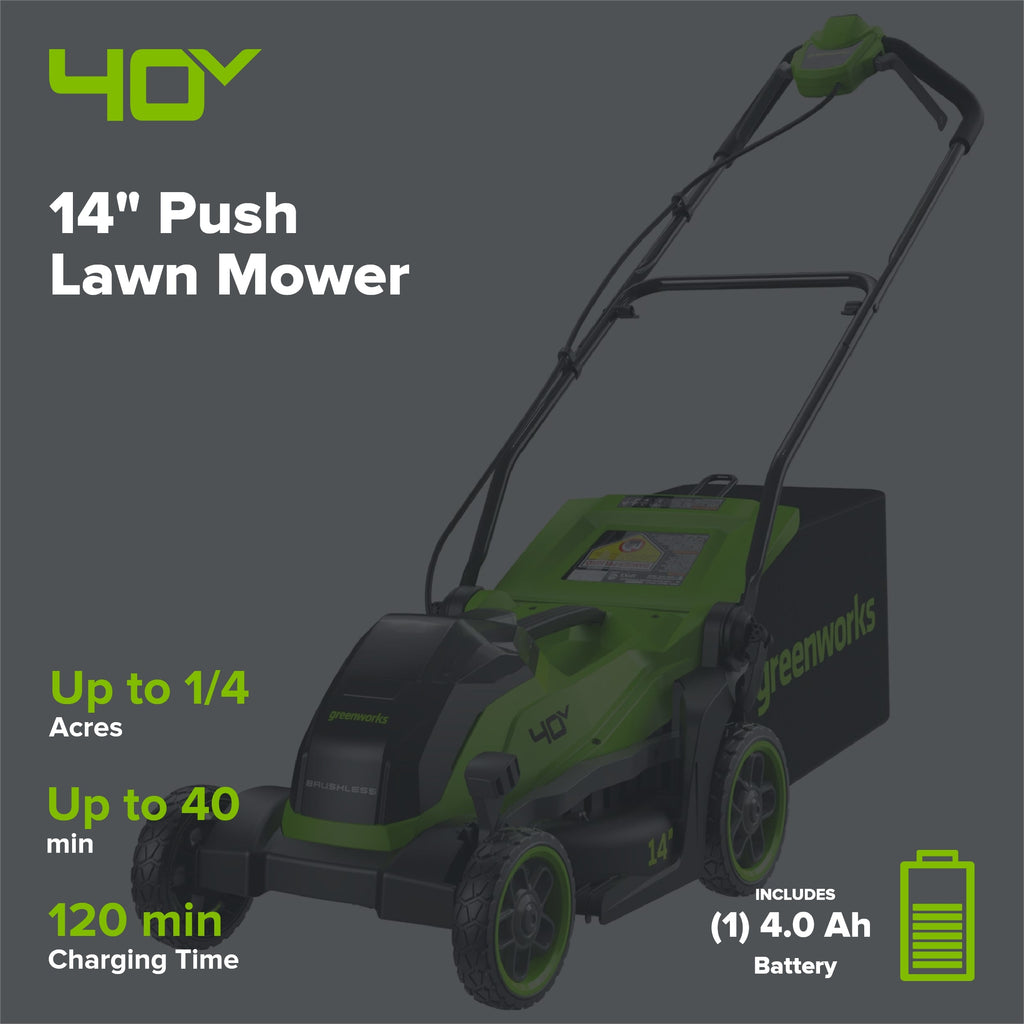 40V 14" Cordless Battery BL Push Lawn Mower: 4.0 Ah Battery and Charger, LM1414