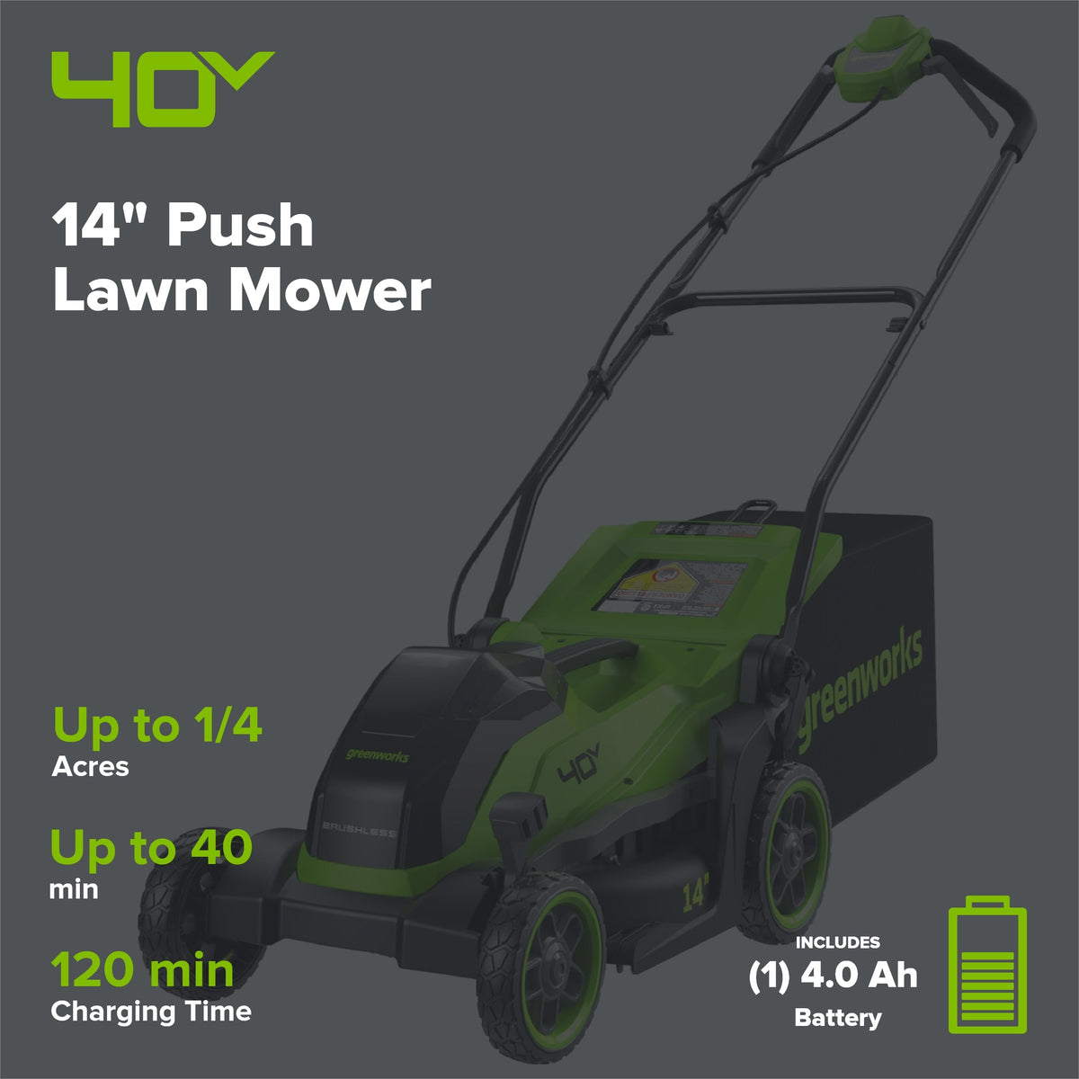 40V 14" Cordless Battery BL Push Lawn Mower: 4.0 Ah Battery and Charger, LM1414