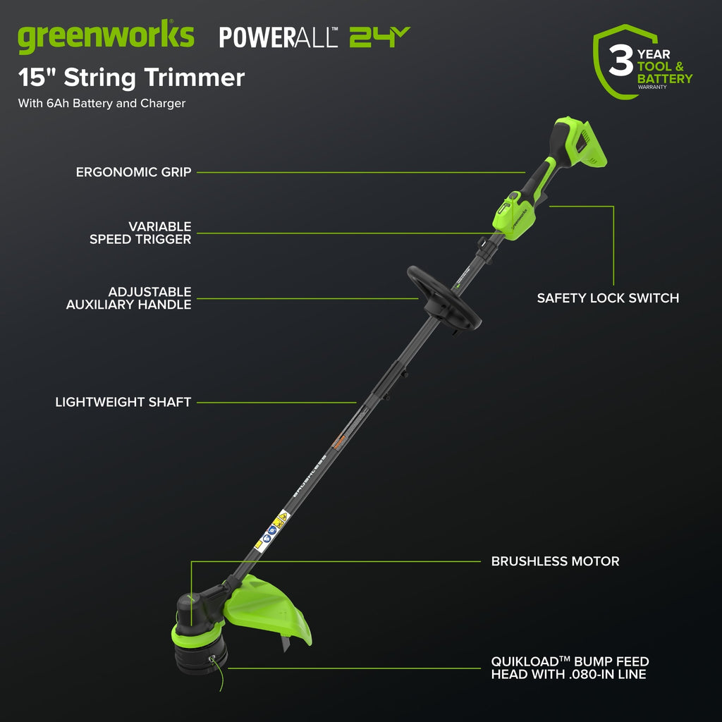 24V 15" Brushless Cordless Battery String Trimmer: (1) 6.0 Ah Battery, (1) 65W USB-C Fast Charger, (1) 3-ft USB-C Cable
