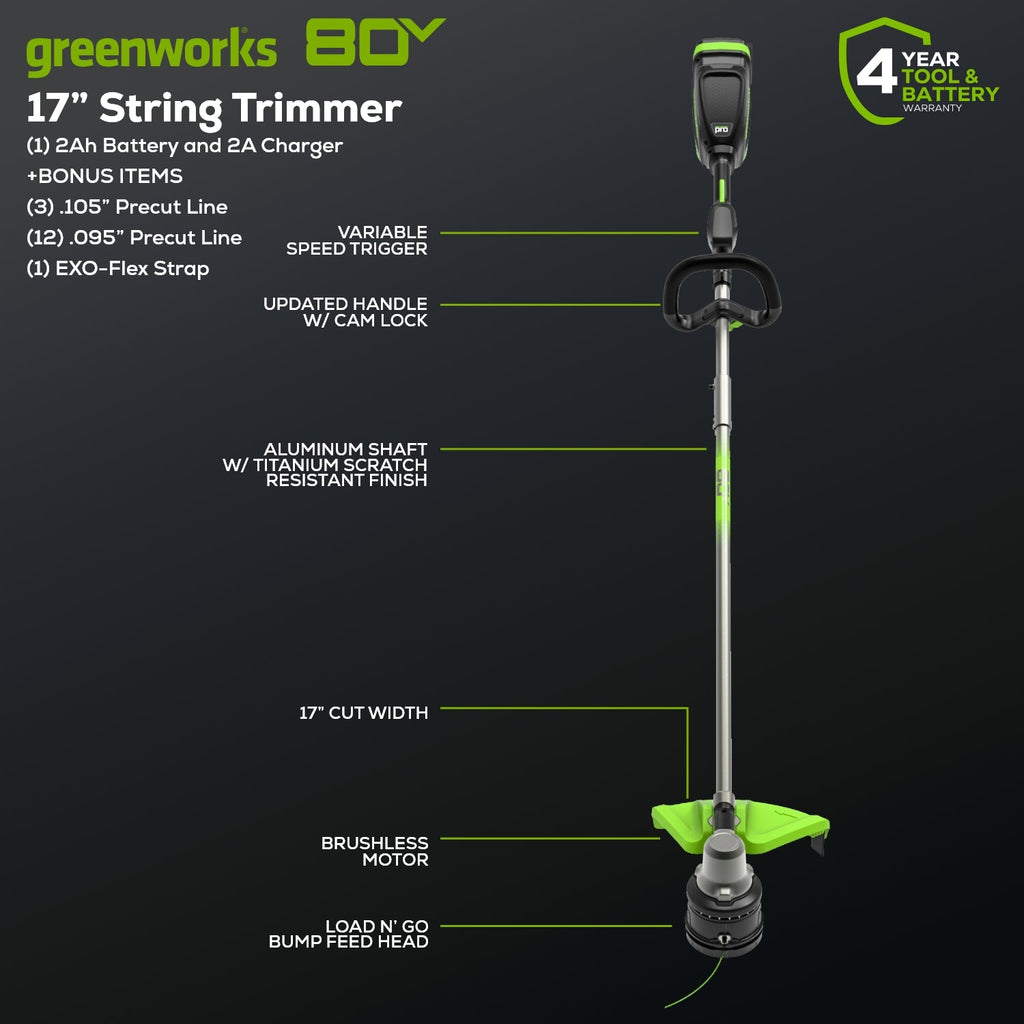 REFURBISHED 80V 17" Brushless String Trimmer: 2.0 Ah Battery and Charger