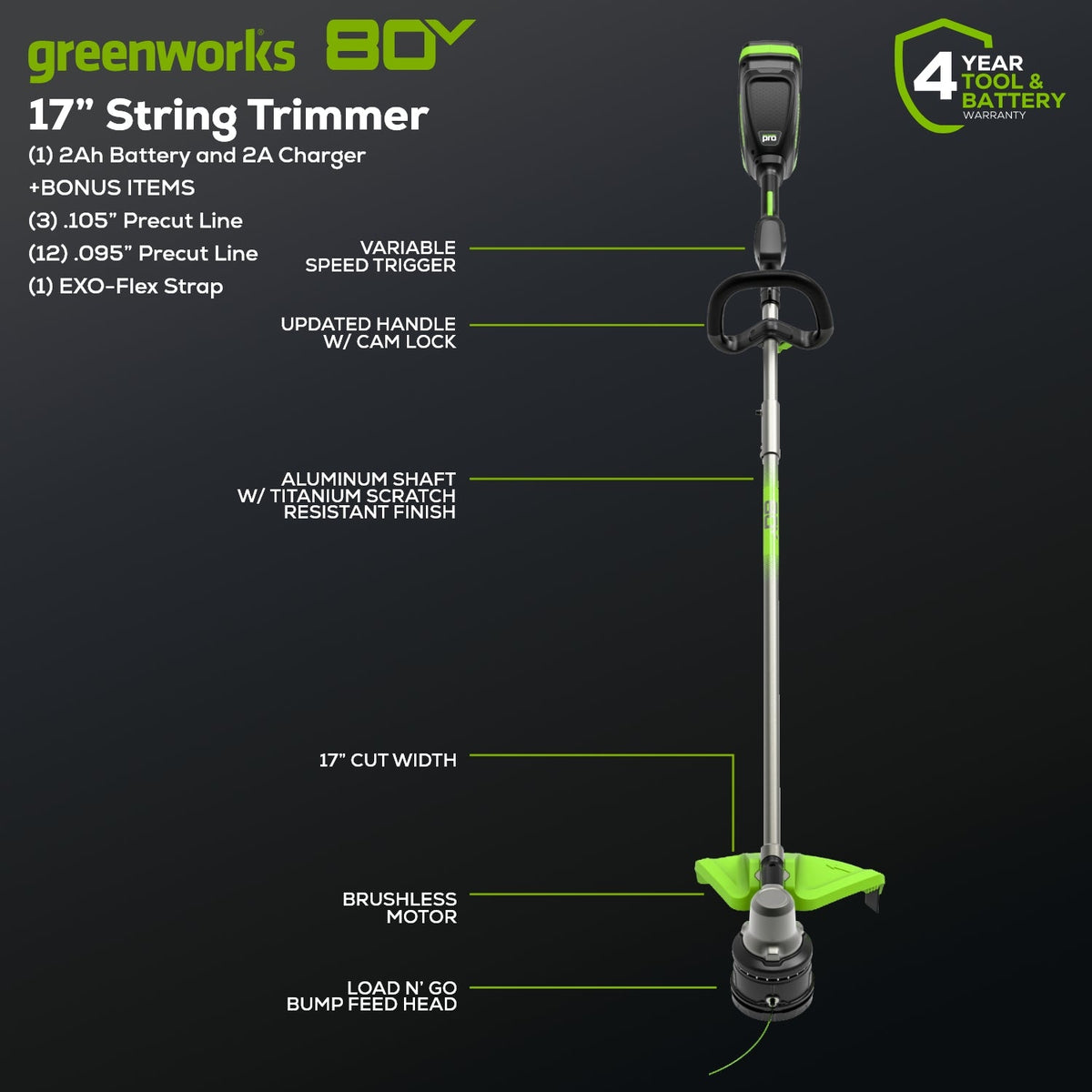 REFURBISHED 80V 17" Brushless String Trimmer: 2.0 Ah Battery and Charger