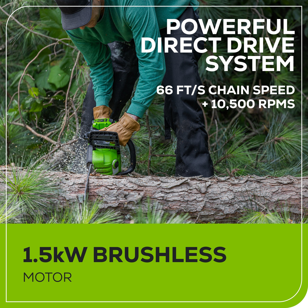 60V 16" 1.5kW Cordless Battery Chainsaw: 2.5 Ah Battery and 3A Charger