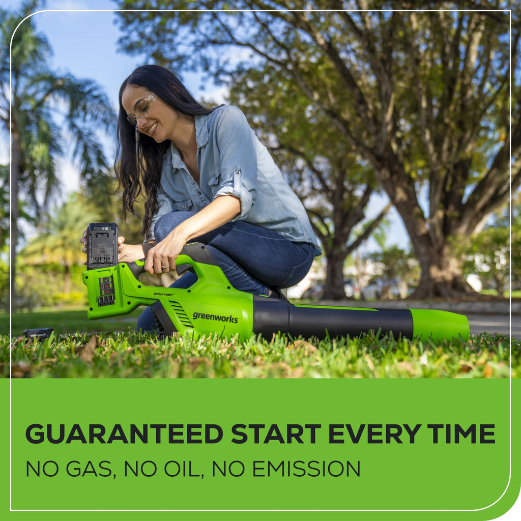 48V (24V x 2) 585 CFM Cordless Battery Leaf Blower w/ (2) 4.0 Ah USB Batteries & Dual Port Charger