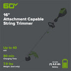 60V 16" Brushless Cordless Battery String Trimmer (Attachment Capable): (1) 4.0 Ah Battery, (1) 3A Charger, (1) Shoulder Strap
