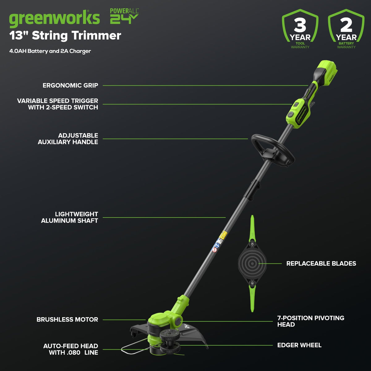 24V 13" Cordless Battery String Trimmer/Edger, 20PC Blades: 4.0Ah Type-C Battery and Charger