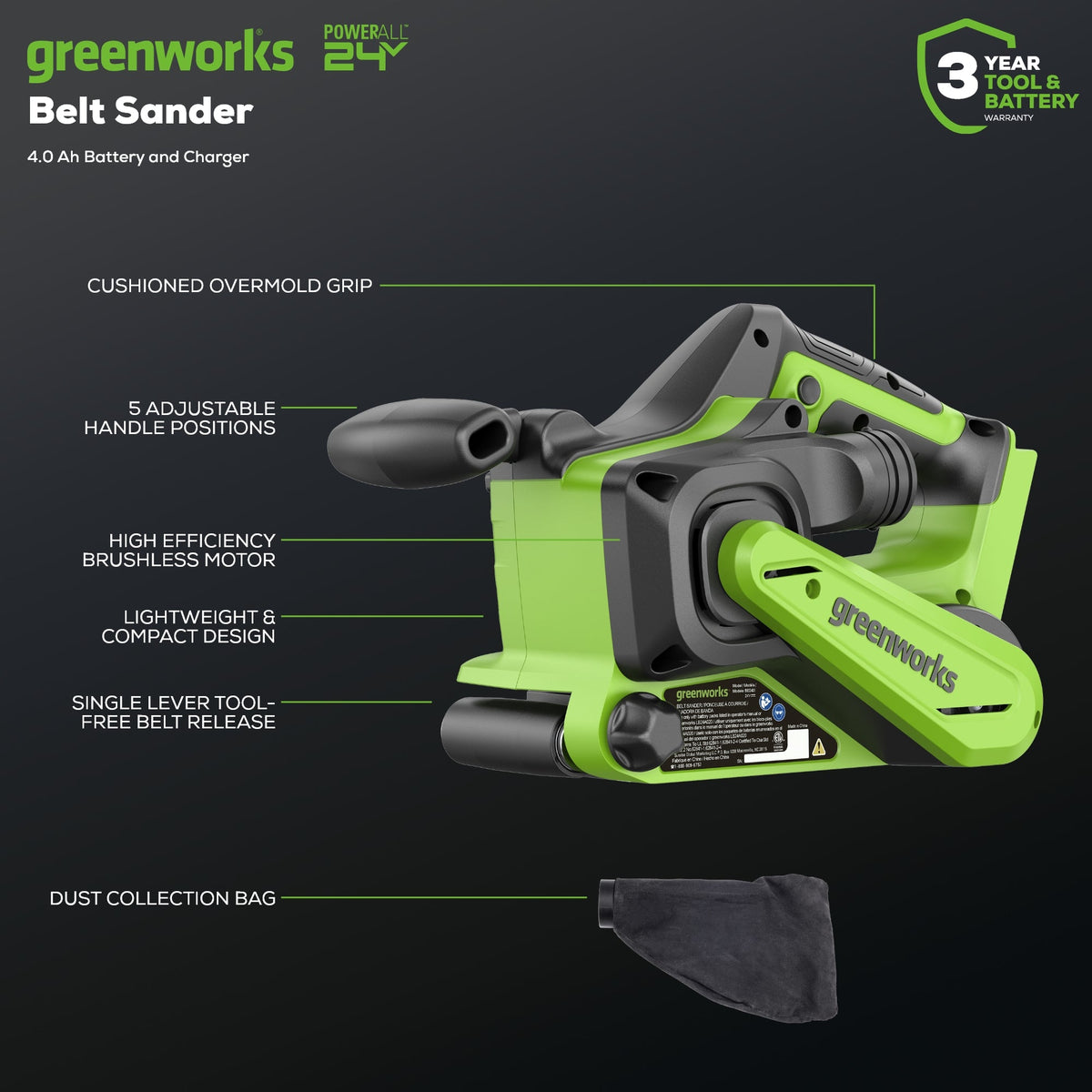 24V 3in x 18in Brushless Cordless Belt Sander and Dust Bag: 4.0 Ah Battery and Charger