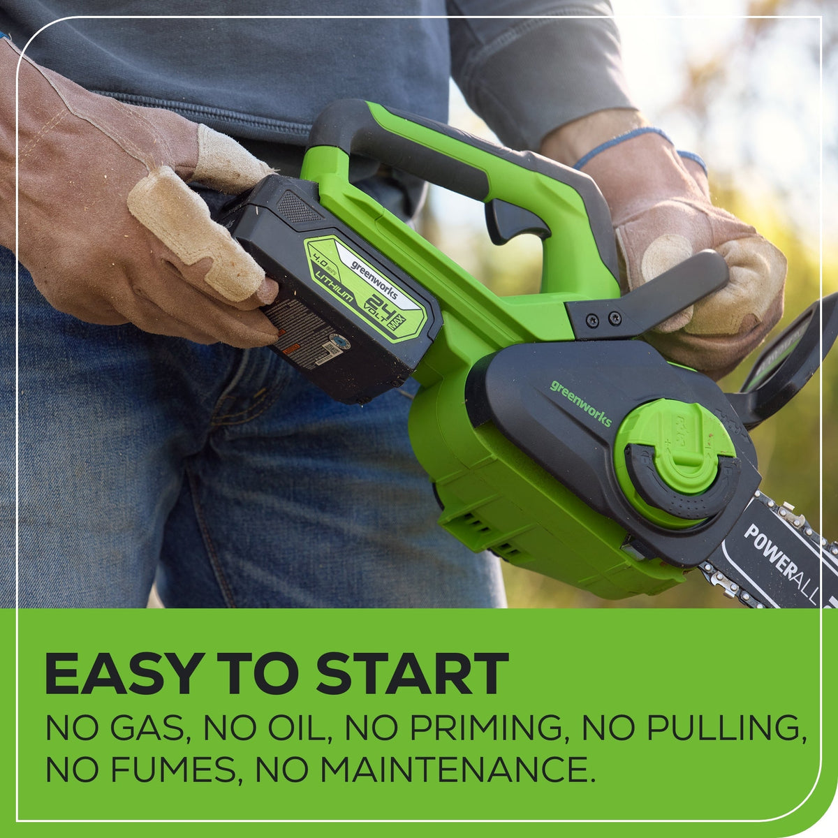 24V 12" Cordless Battery Chainsaw: 4.0 Ah USB Battery and Charger