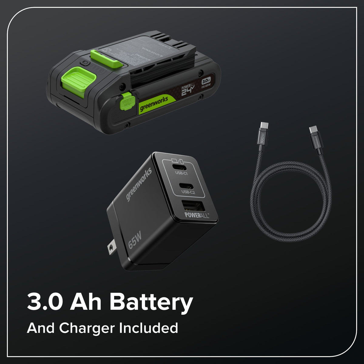 24V 12" Brushless Cordless Battery String Trimmer / Edger: (1) 3.0 Ah USB-C Battery, (1) 65W USB-C Charger, (1) 100W 3' Cable, (1) Plastic Blade Head, (10) Plastic Blades