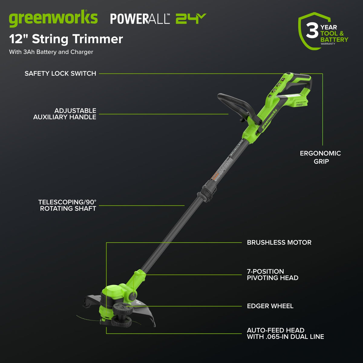 24V 12" Cordless Battery String Trimmer/Edger and 515 CFM Blower Combo Kit w/ 3.0Ah Battery,65W Type-C Charger & (2) 3-Ft Cables