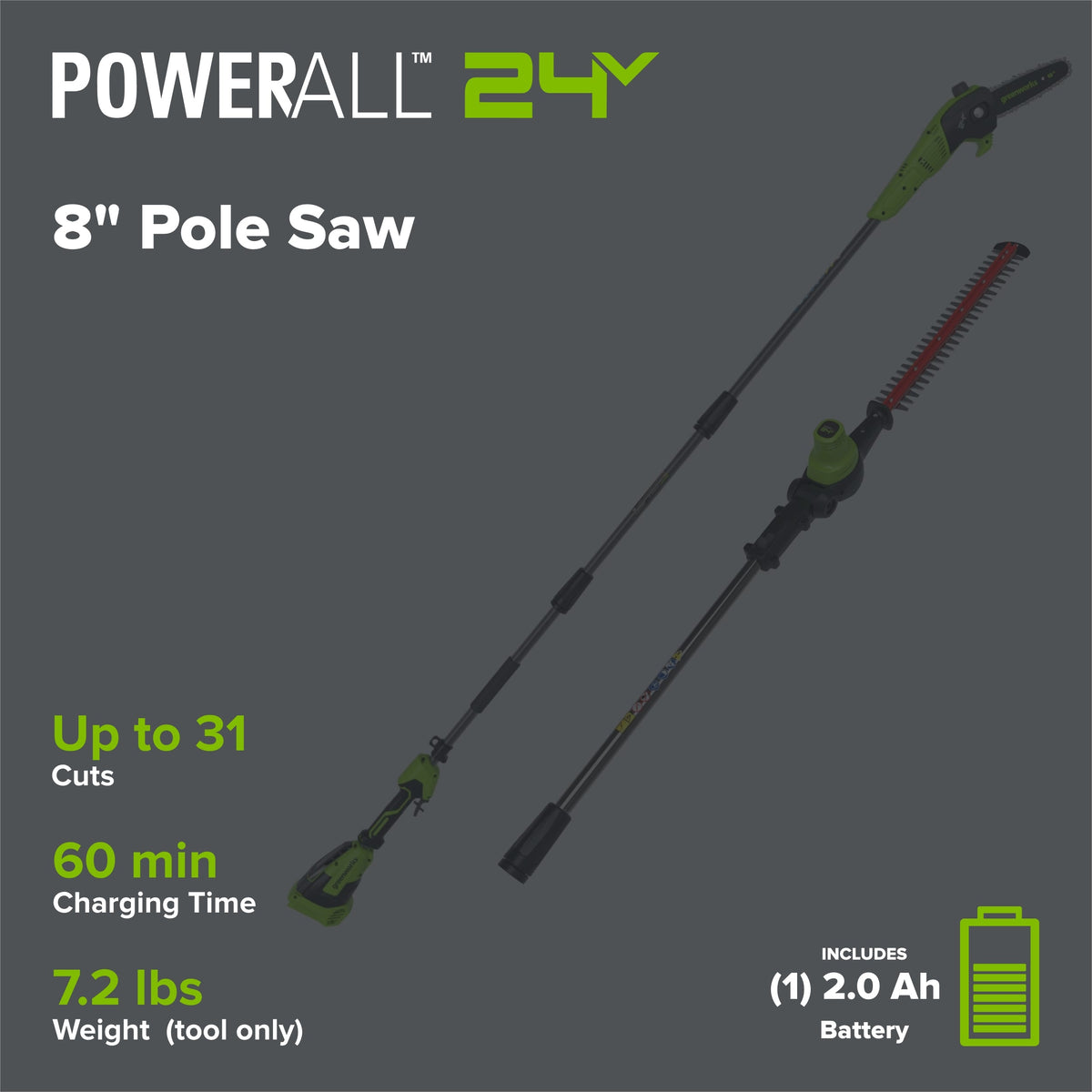 24V 8" Cordless Battery Pole Saw w/ 20" Hedge Trimmer Attachment Combo Kit: 2.0 Ah Battery & 30W Type-C Charger (3-Ft cable)