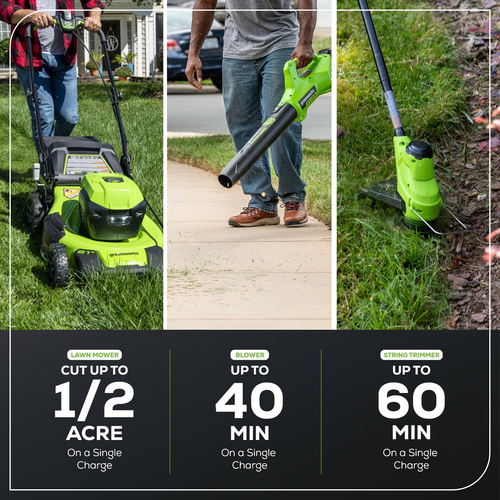 OPEN BOX 48V (24V x 2) 21" Cordless Battery Self-Propelled Mower, 12" String Trimmer and 320 CFM Blower Combo Kit: (2) 5.0Ah Batteries and Chargers