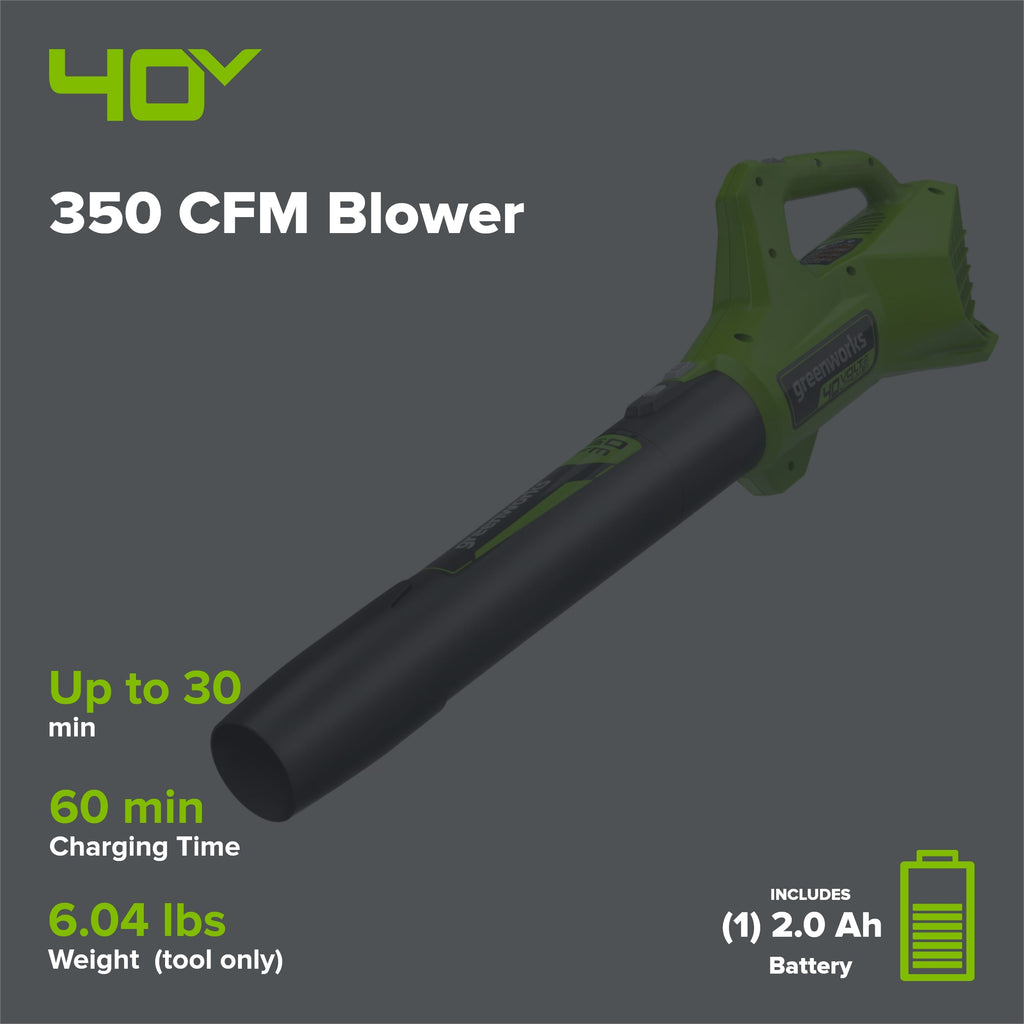 40V 350 CFM Cordless Battery Leaf Blower: 2.0 Ah Battery and Charger