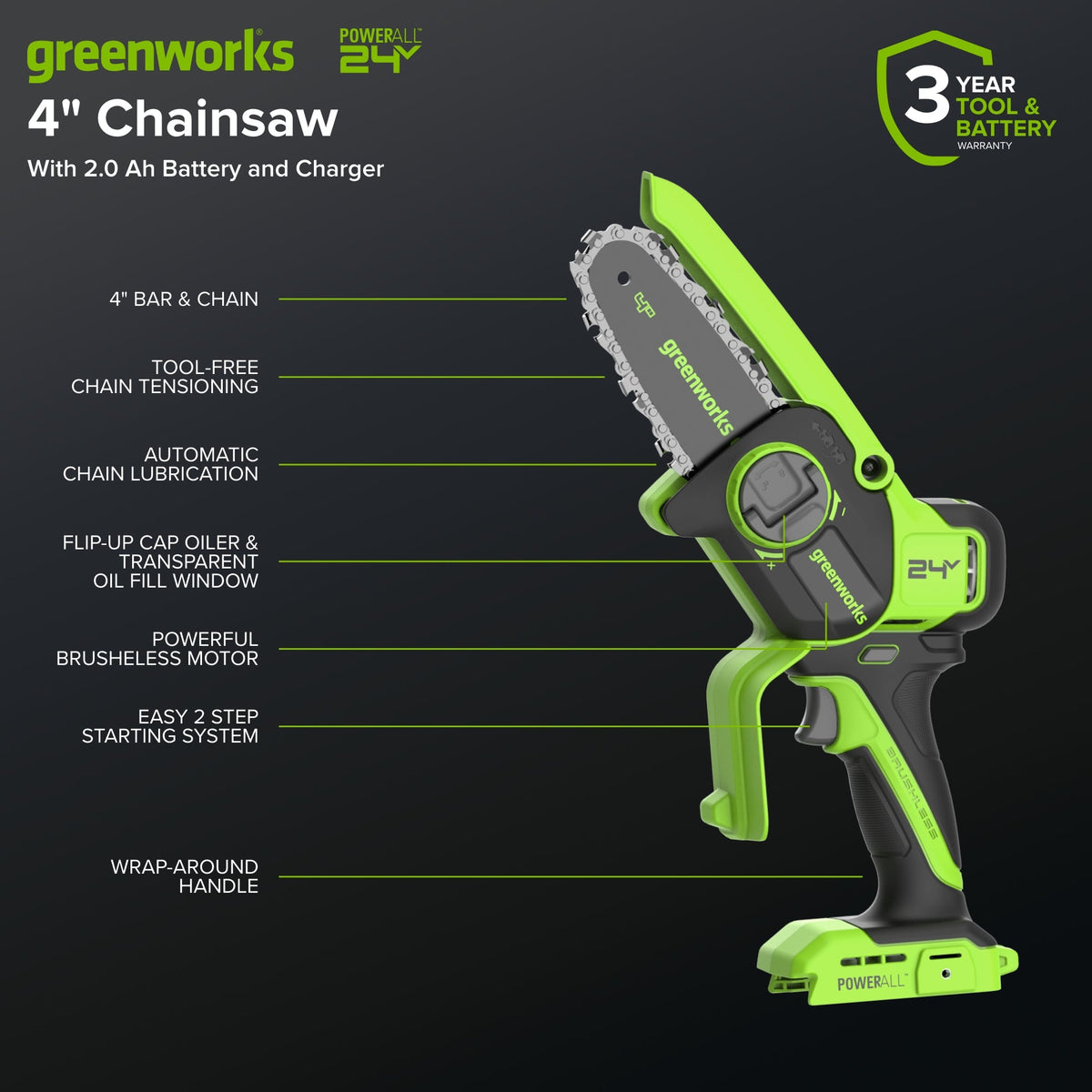 24V 4” Cordless Battery Brushless Pruner Saw w/ 2.0Ah Battery & 30W Type-C Charger (3-Ft Cable)
