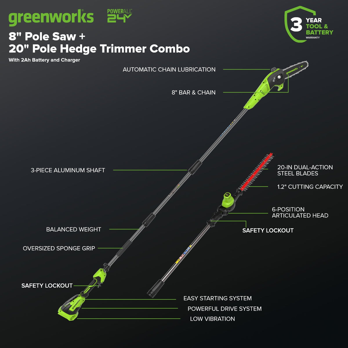 24V 8" Cordless Battery Pole Saw w/ 20" Hedge Trimmer Attachment Combo Kit: 2.0 Ah Battery & 30W Type-C Charger (3-Ft cable)