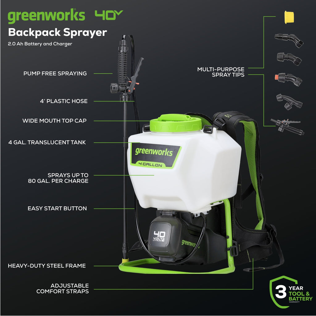 40V Cordless Battery Backpack Sprayer: 2.0 Ah USB Battery and Charger