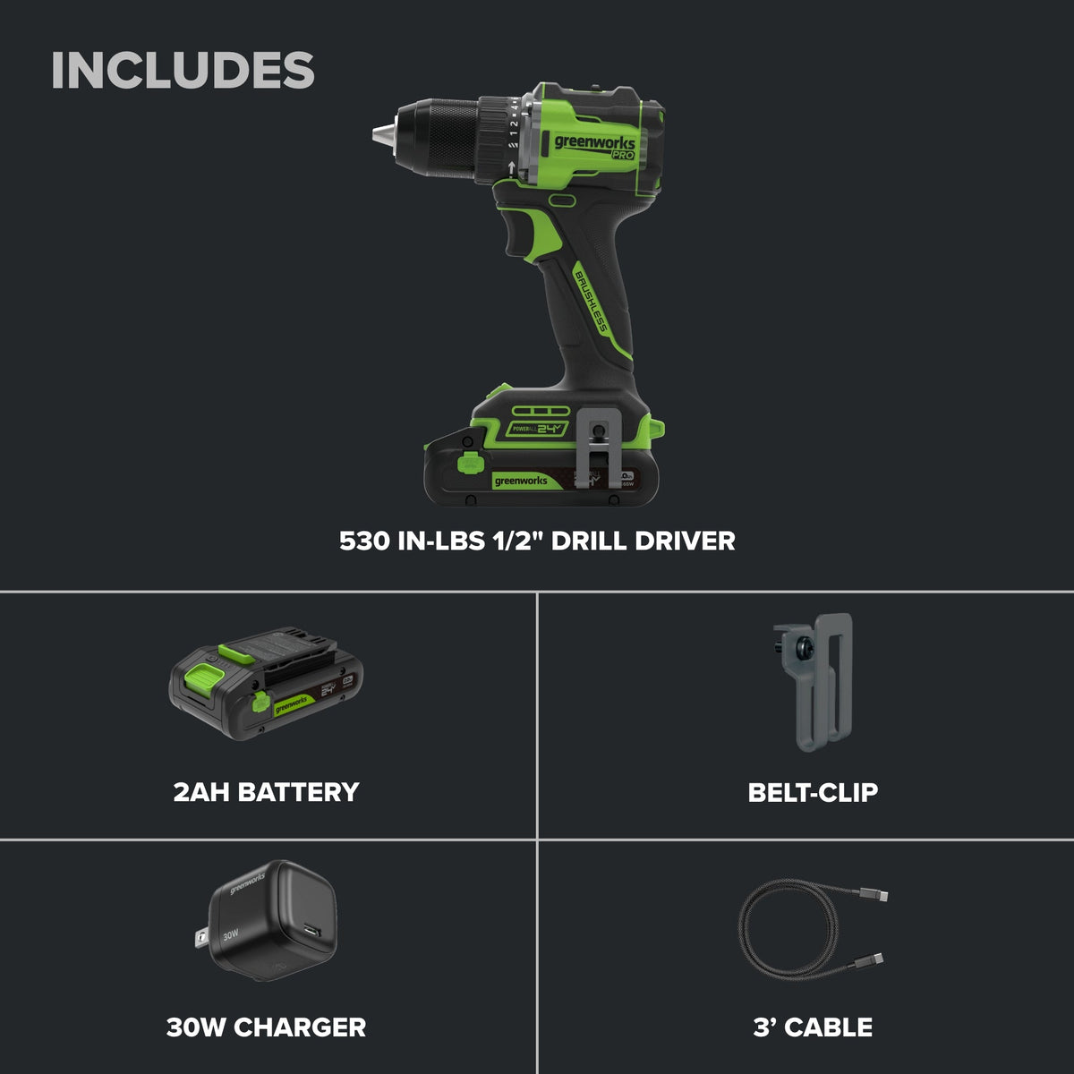 24V PowerAll Pro 1/2" 530 in-lb Drill Driver, with 2.0Ah USB-C Battery, 30W Charger Block, 3' 100W Cable and 10-PCS Drill Bit Set