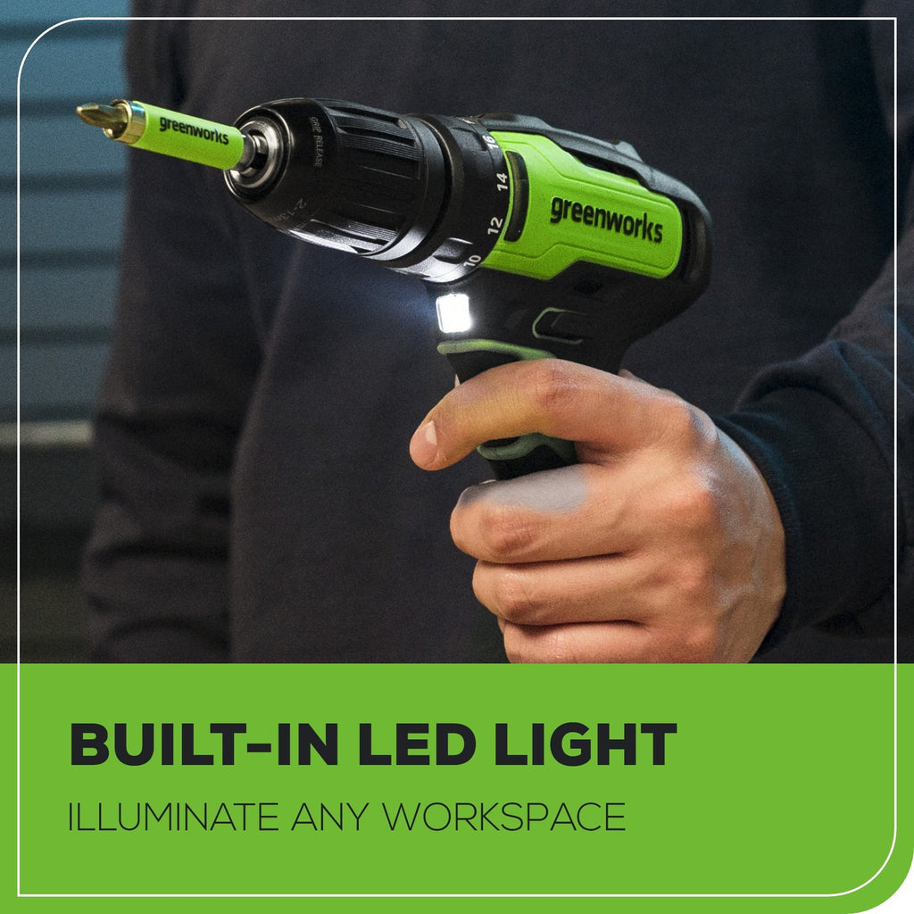 24V Brushless 1/2" 310 in/lbs Drill Kit: (2) 2Ah Batteries and Charger, 8-piece Bit Set and Tool Bag Included
