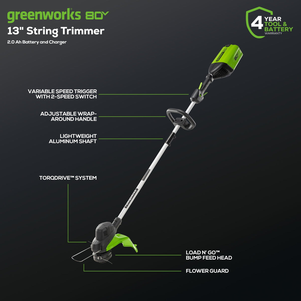 80V 13" String Trimmer: 2.0 Ah Battery and Charger