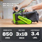 24V 3in x 18in Brushless Cordless Belt Sander and Dust Bag: 4.0 Ah Battery and Charger