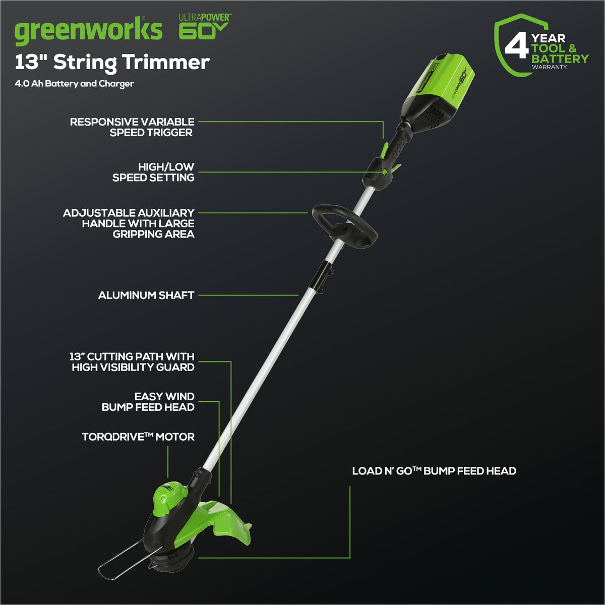 60V 13" Cordless Battery String Trimmer & 540 CFM Leaf Blower Combo Kit w/ 4.0Ah Battery & Charger