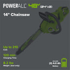 48V (24V x 2) 14" Cordless Battery Chainsaw: (2) 4.0 Ah USB Batteries and Dual-Port Charger