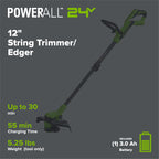 24V 12" Brushless Cordless Battery String Trimmer / Edger: (1) 3.0 Ah USB-C Battery, (1) 65W USB-C Charger, (1) 100W 3' Cable, (1) Plastic Blade Head, (10) Plastic Blades