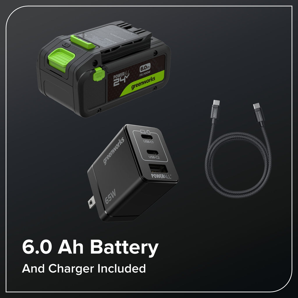 24V 15" Brushless Cordless Battery String Trimmer: (1) 6.0 Ah Battery, (1) 65W USB-C Fast Charger, (1) 3-ft USB-C Cable