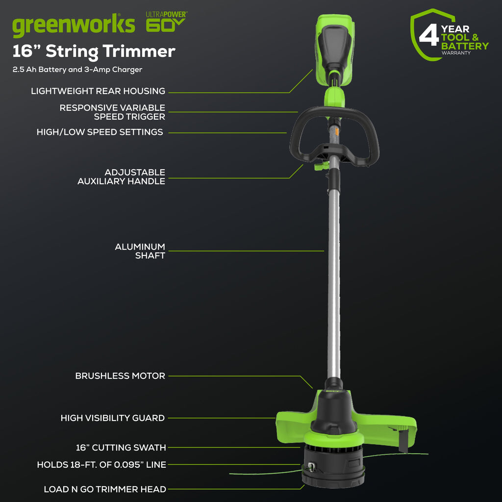 60V 16" Cordless Battery String Trimmer w/ 2.5Ah Battery and 3A Charger