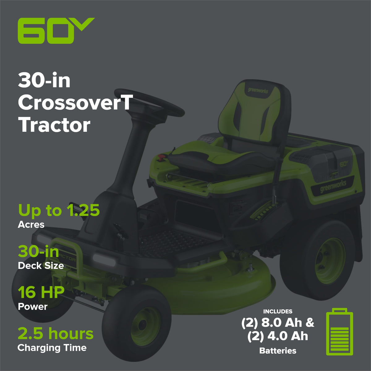 60V 30” CrossoverT Riding Lawn Tractor with (2) 8.0 Ah, (2) 4.0 Ah Batteries & 600-Watt Charger, CRT3061