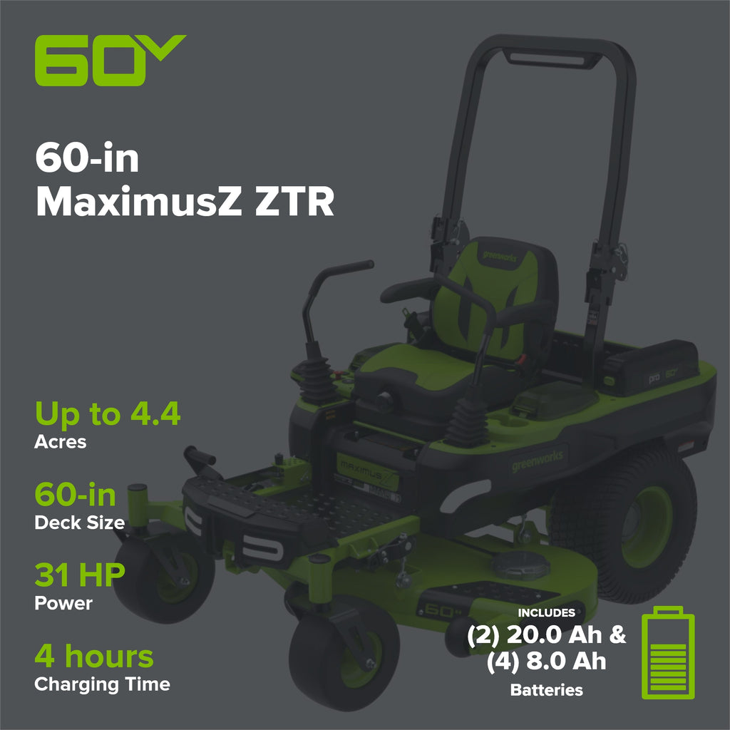 60V 60" MaximusZ Zero Turn: (2) 20.0 Ah, (4) 8.0 Ah Batteries and 1.5kW Charger, MZ6061