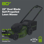 OPEN BOX 80V 22" Cordless Battery Dual Blade Self-Propelled Lawn Mower: (2) 4.0 Ah Batteries and Rapid Charger, LM2208S