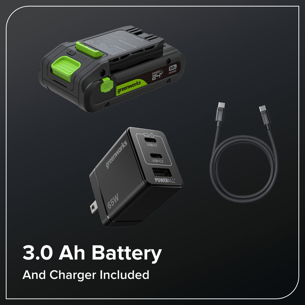 24V 12" Brushless Cordless Battery String Trimmer / Edger: (1) 3.0 Ah USB-C Battery, (1) 65W USB-C Charger, (1) 100W 3' Cable, (1) Plastic Blade Head, (10) Plastic Blades