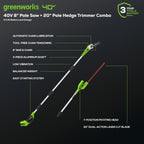 40V 8" Cordless Battery Pole Saw and Hedge Trimmer Attachment: 2.0 Ah Battery and Charger