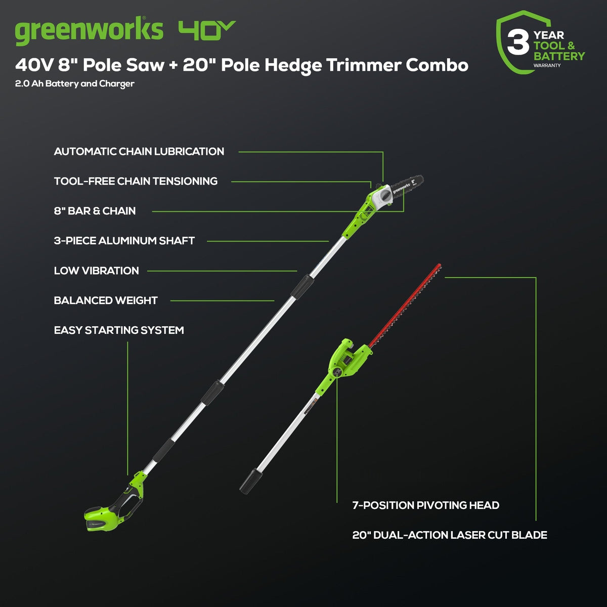 40V 8" Cordless Battery Pole Saw and Hedge Trimmer Attachment: 2.0 Ah Battery and Charger
