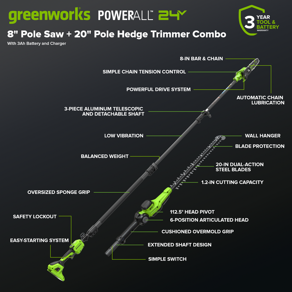 24V Brushless 8" Telescoping Pole Saw & 20" Pole Hedge Combo Kit: (1) 3.0 Ah Type-C Battery & 65W Charger with 3.3-Ft. Cable