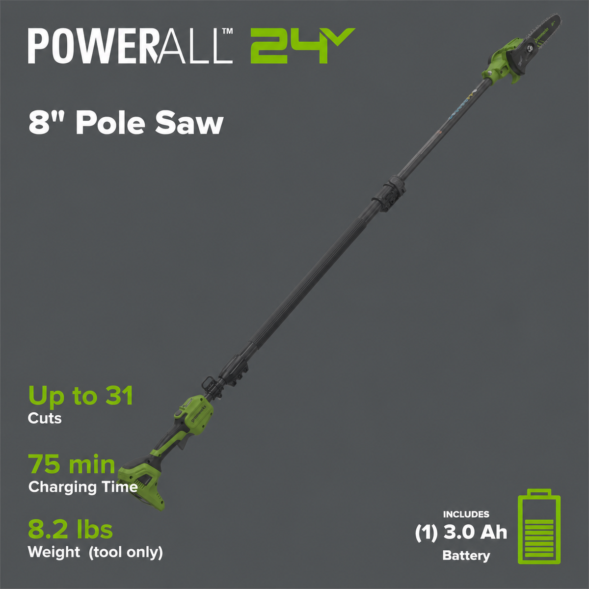 24V Brushless 8" Telescoping Pole Saw & 20" Pole Hedge Combo Kit: (1) 3.0 Ah Type-C Battery & 65W Charger with 3.3-Ft. Cable