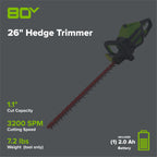 80V 26" Cordless Battery Hedge Trimmer (1.1" cut, 3200 SPM): 2.0 Ah Battery and Charger