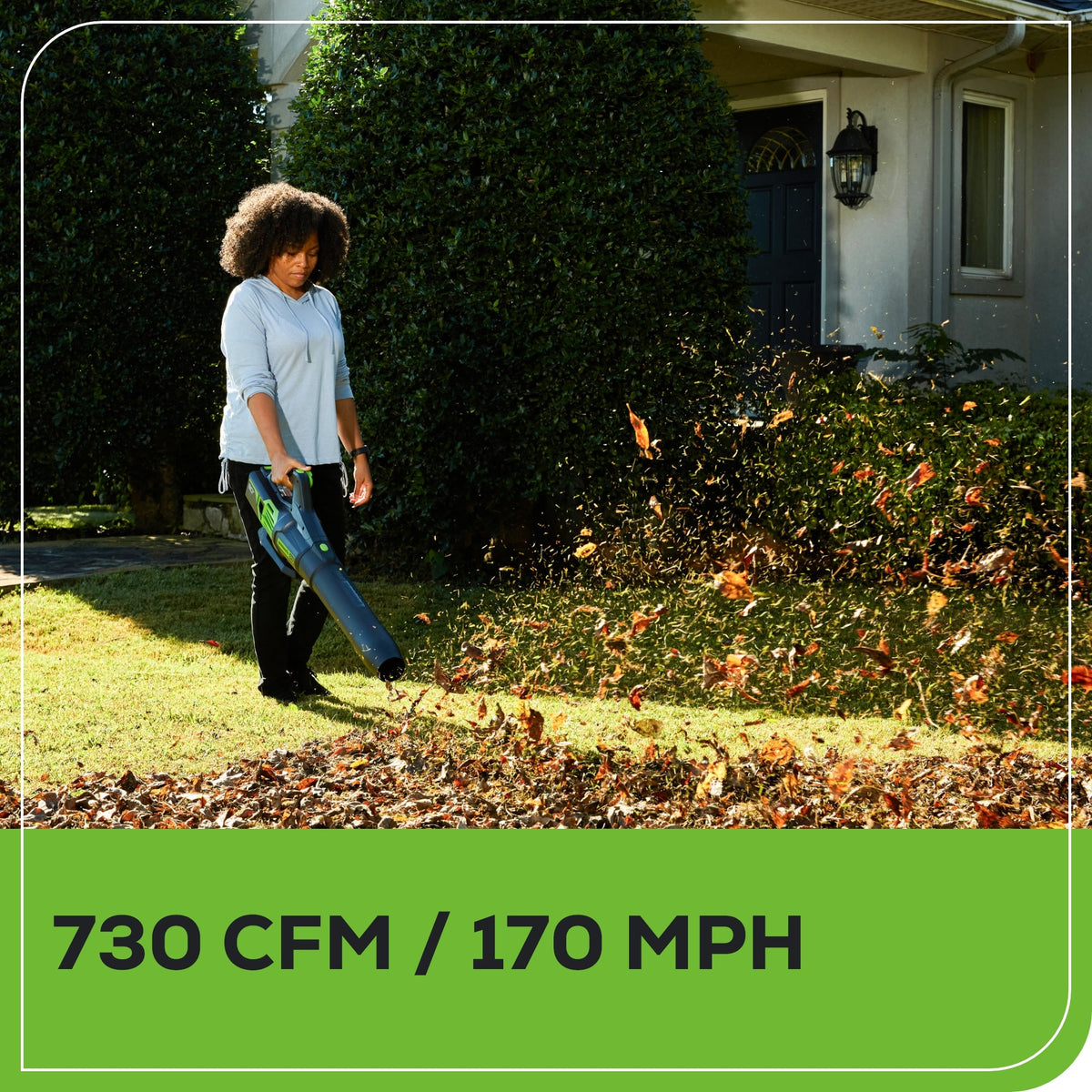 RENEWED 80V 730 CFM Cordless Battery Leaf Blower, Extra Shoulder Strap: 2.5 Ah Battery and Rapid Charger