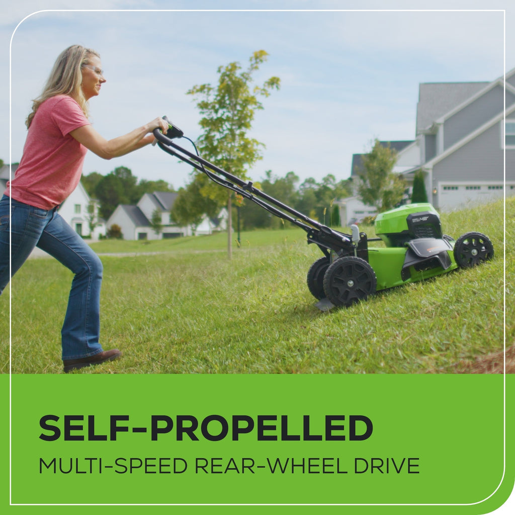 48V (24V x 2) 21" Cordless Battery Self-Propelled Mower, 12" String Trimmer and 320 CFM Blower Combo Kit: (2) 5.0Ah Batteries and Chargers