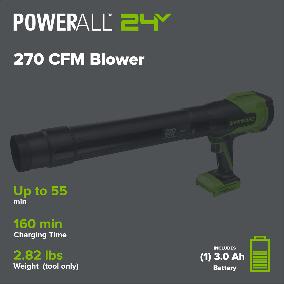 24V 270 CFM Cordless Battery Brushless Blower w/ 3.0Ah Battery & 30W Type-C Charger(3-Ft Cable)