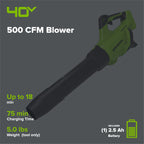 40V 500 CFM Cordless Battery Leaf Blower: 2.5 Ah Battery and Charger