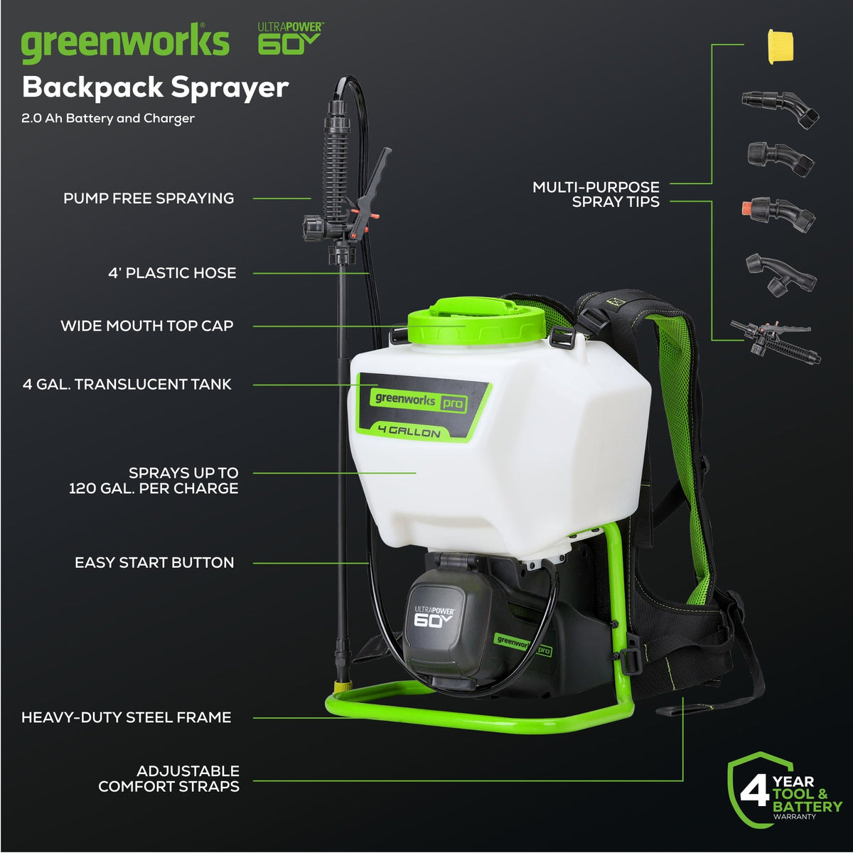 60V Cordless Battery Backpack Sprayer: 2.0 Ah Battery and Charger