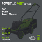 48V (24V x 2) 14" Cordless Battery Brushless Push Lawn Mower: (2) 4.0 Ah Battery and 2A Dual-port Charger, LM1412