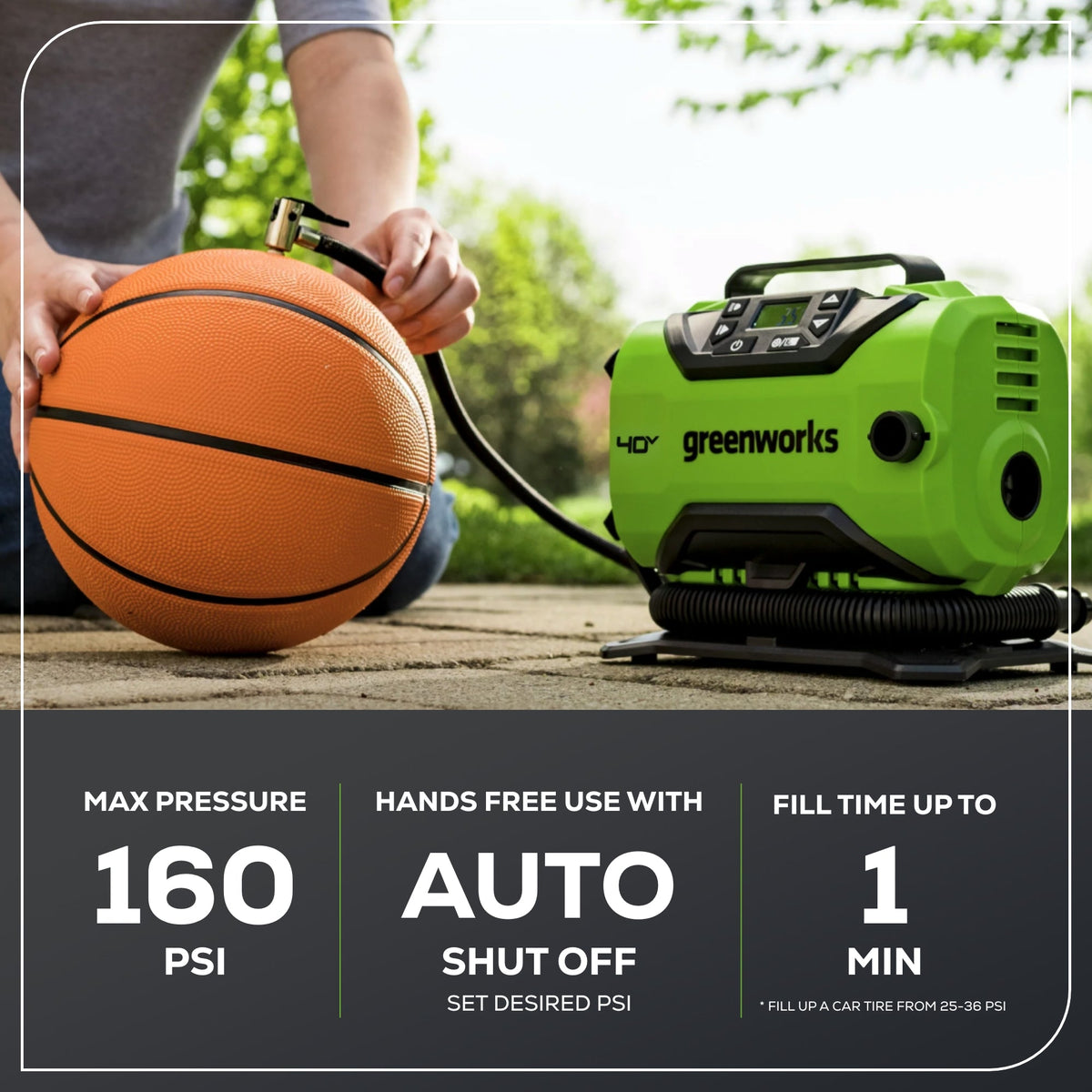 40V Cordless Battery Inflator: 2.0 Ah Battery and Charger