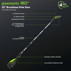 80V Pro 10" Cordless Battery Pole Saw: 2.0 Ah Battery and Charger