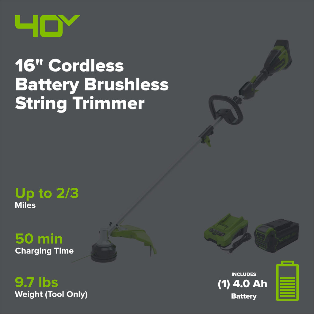 40V 16" Cordless Battery Brushless String Trimmer (Attachment Capable): 4.0 Ah Battery and Charger