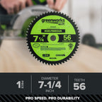Pro 56-Tooth 7-1/4" Non-Ferrous Metal Cutting Circular Saw Blade with Construction-Grade Carbide Teeth