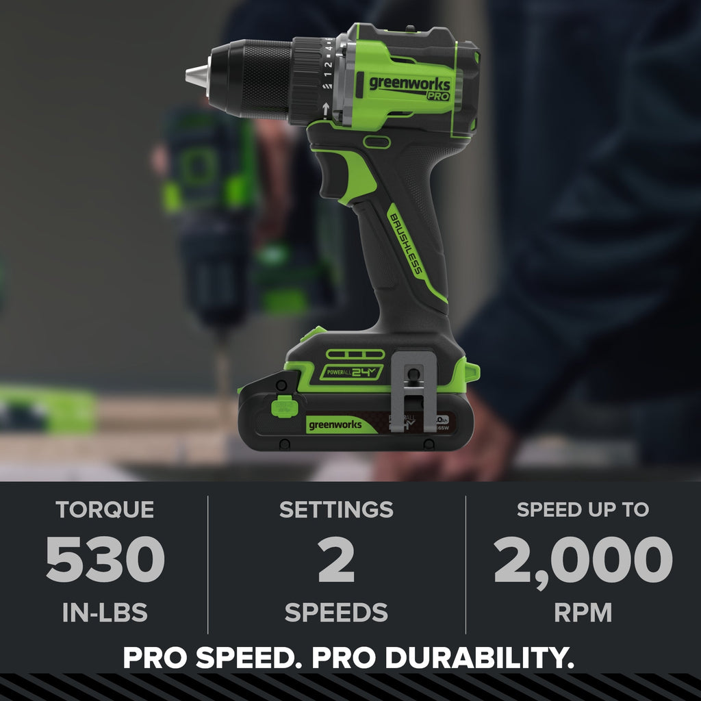 24V PowerAll Pro 1/2" 530 in-lb Drill Driver, with 2.0Ah USB-C Battery, 30W Charger Block, 3' 100W Cable and 10-PCS Drill Bit Set
